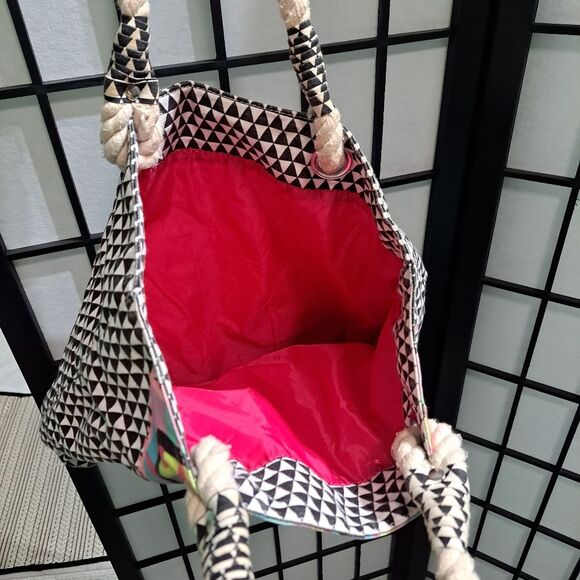Boho tote bag black white multicolor geometric design rope handle pink interior - Picture 2 of 8